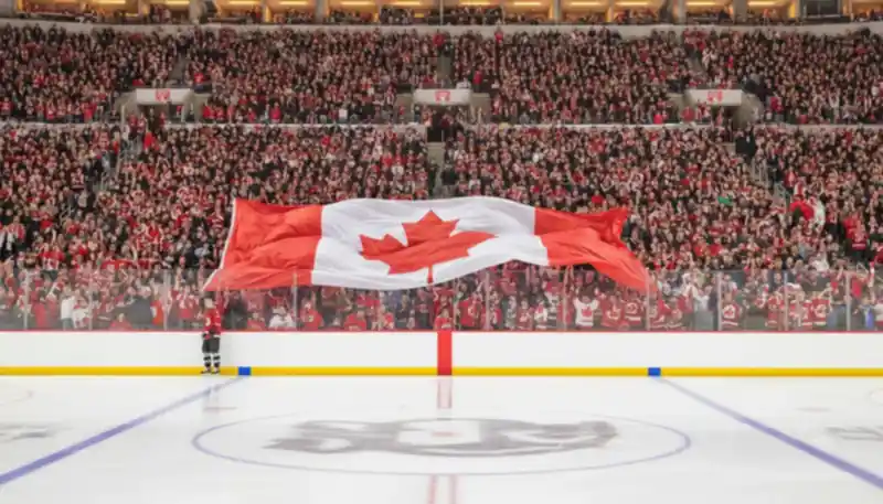 Hockey arena crowd waving a large Canadian flag, betting on Canadian NHL teams