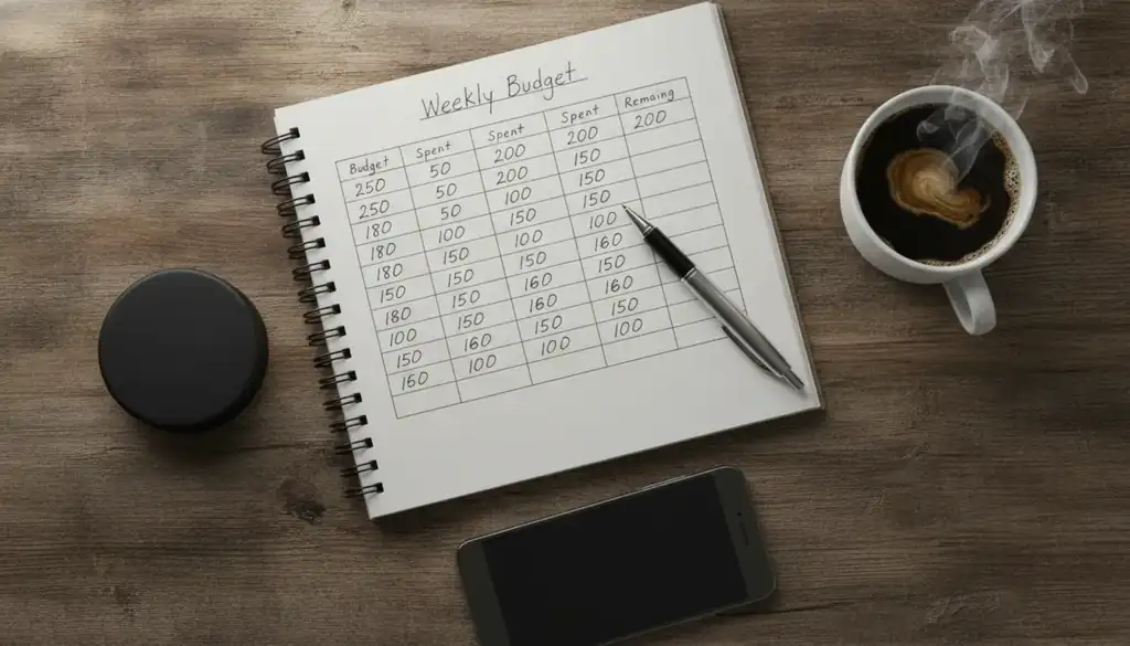 Notebook with a weekly budget next to a hockey puck, bankroll management for NHL betting