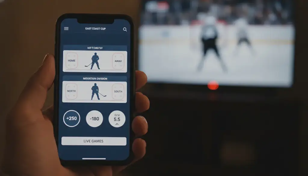 Hand holding a phone with a hockey betting app open, showing moneyline and totals for NHL games