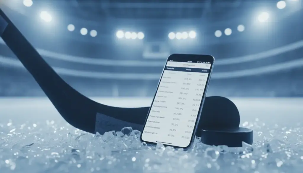 Smartphone showing hockey odds on the ice next to a puck and stick, NHL betting sites in Canada