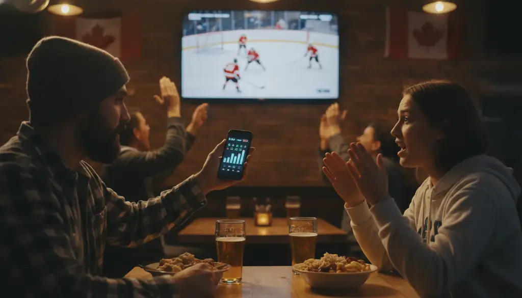 Fans in a Canadian sports bar checking live NHL betting odds on a phone during a hockey game