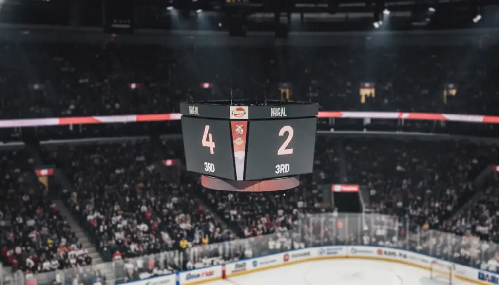 Arena scoreboard showing a 4-2 score in the third period, a two-goal win that covers the NHL puck line